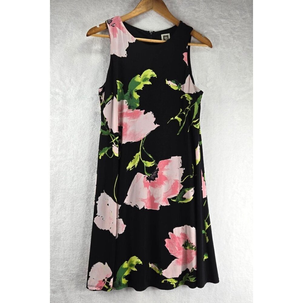 Sleeveless Shift Dress by Ann Klein Knee Length Black Floral Career Party Lined